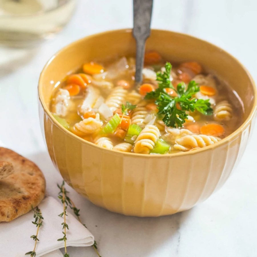 Bowl Of Delicious Homemade Soup With Gluten Free Chickpea Spiral Noodles From Chickapea Pasta