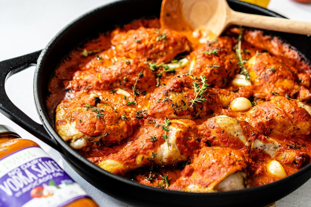 Primal Kitchen Recipe Chicken Thighs With No Dairy Vodka Sauce In Cast Iron Skillet