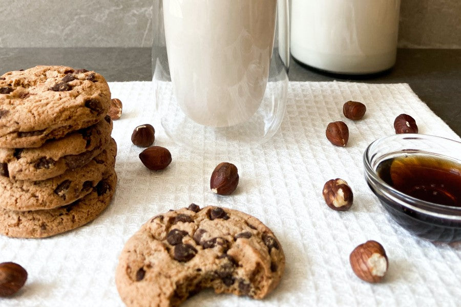 Dairy Free Vegan Chocolate Chip Cookies Made With Plant Based Milk Beverage Glass Of Better Than Milk Organic Rice Drink With Hazelnuts From Terra Powders