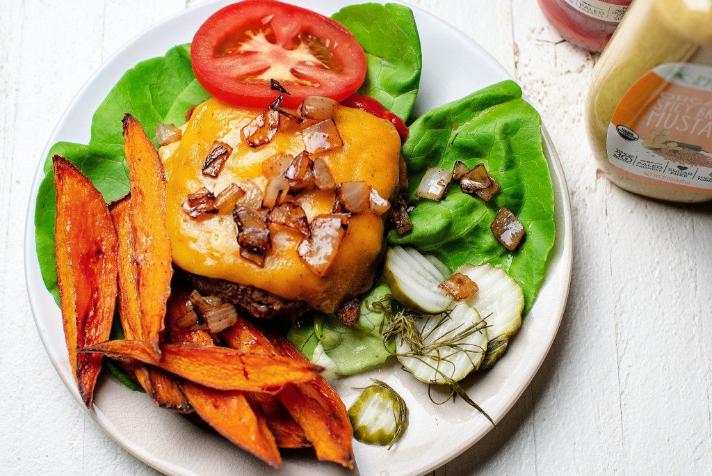 Primal Kitchen Recipe Using Spicy Brown Mustard Classic Keto Cheeseburger With Pickles And Sweet Potato Fries