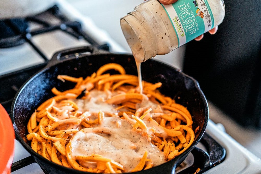 Fall Vegetable Pasta With Bacon And Alfredo Sauce Primal Kitchen Recipe Using Creamy Dairy Free Alfredo