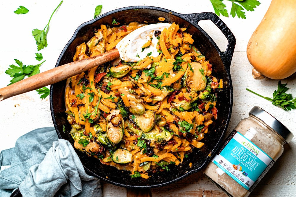 Skillet Of Fall Vegetable Pasta With Bacon And Creamy No Dairy Alfredo Sauce Primal Kitchen Recipe