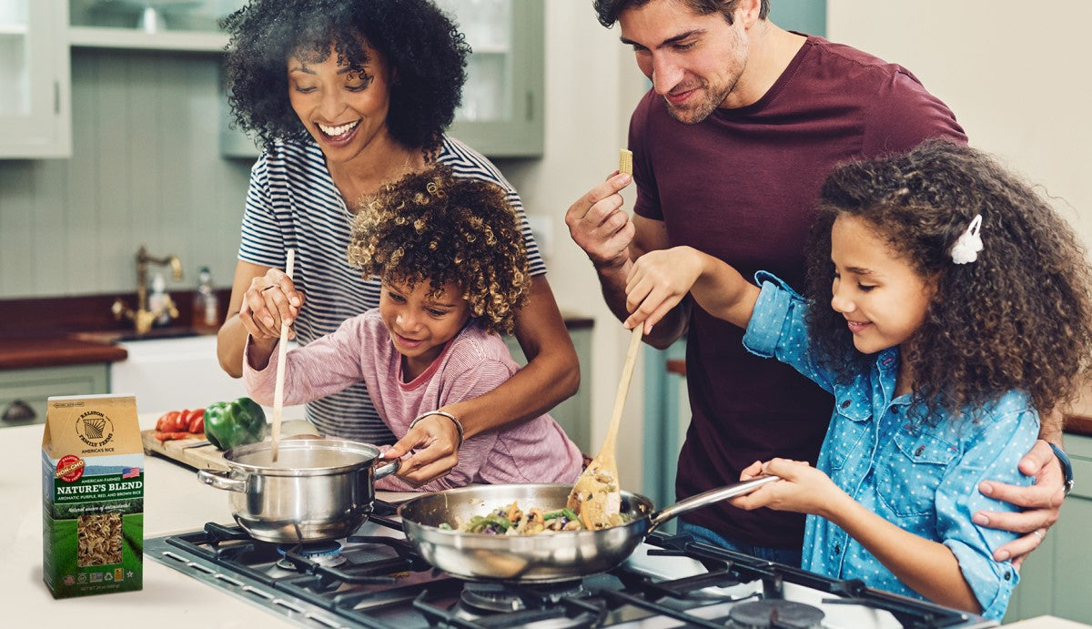 Happy Family Cooking At Home Together Making Ralston Rice Nature's Blend Of Brown Red And Purple Whole Grains