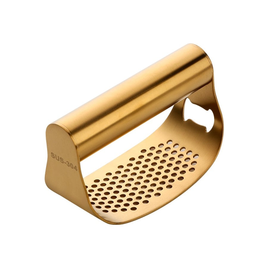 Gold Stainless Steel Curved Garlic Rocker Press & Bottle Opener