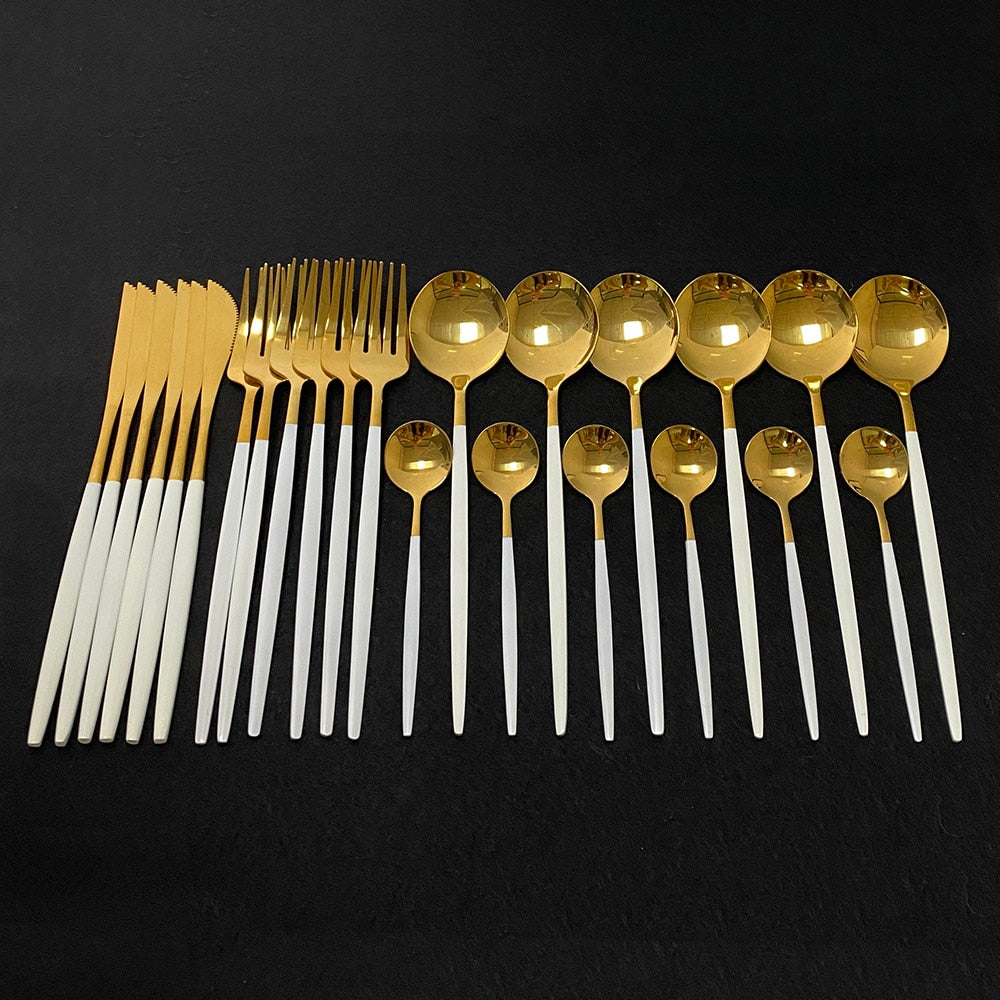 Modern 24 Piece Stainless Steel Gold Flatware Set With White Handles Silverware