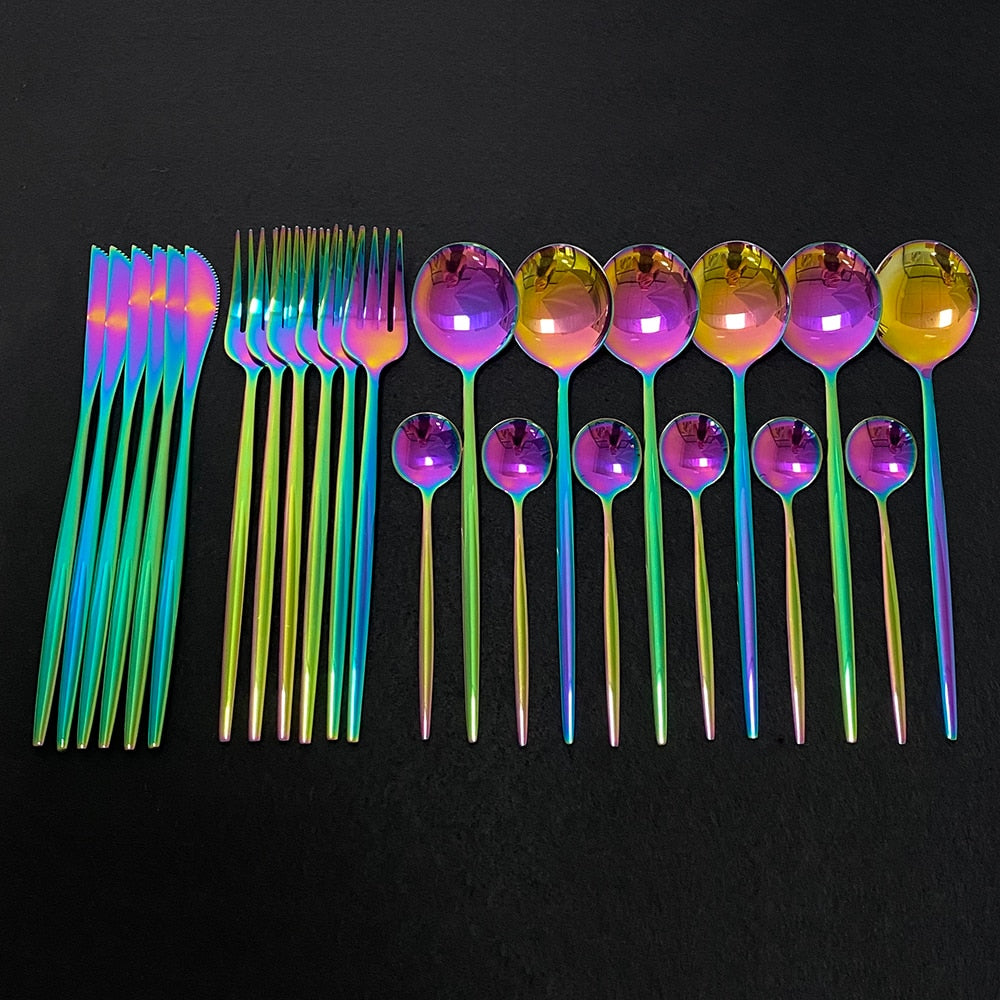 Modern Silverware 24 Piece Stainless Steel Iridescent Rainbow Color Flatware Set