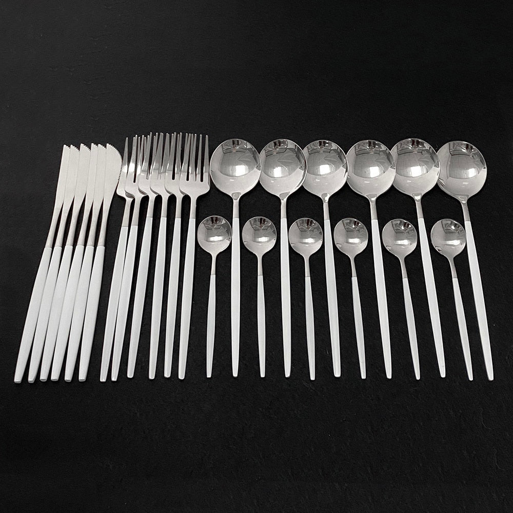 Modern 24 Piece Stainless Steel Silver Flatware Set With White Handles Silverware