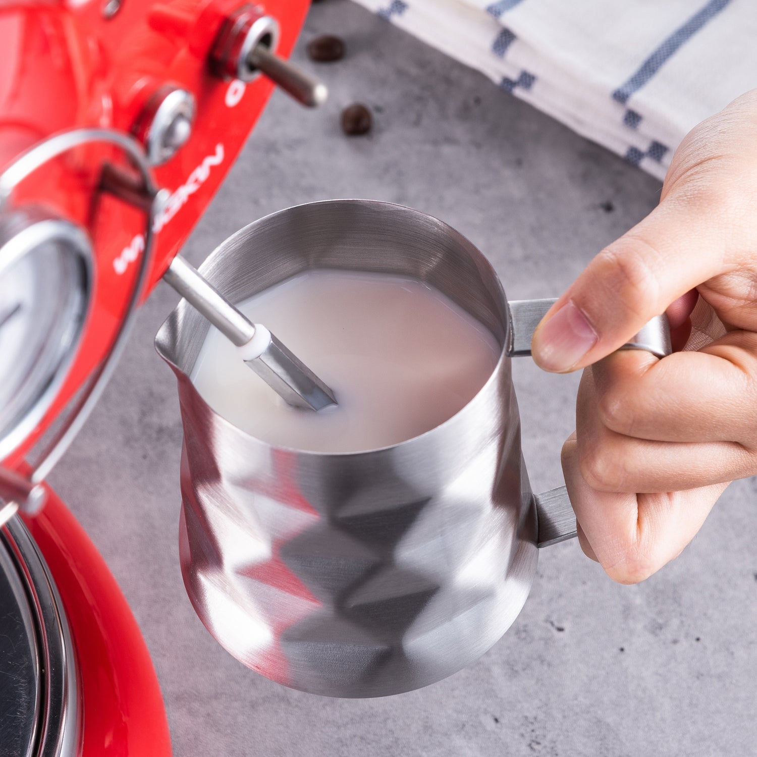 Frothing Milk For Coffee Latte Using Prism Style Stainless Steel Pitcher