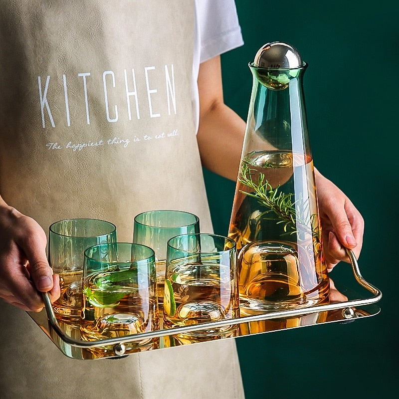 Serving Drinks On Gold Tray With Emerald Shore Style Glass Carafe And Matching Glasses