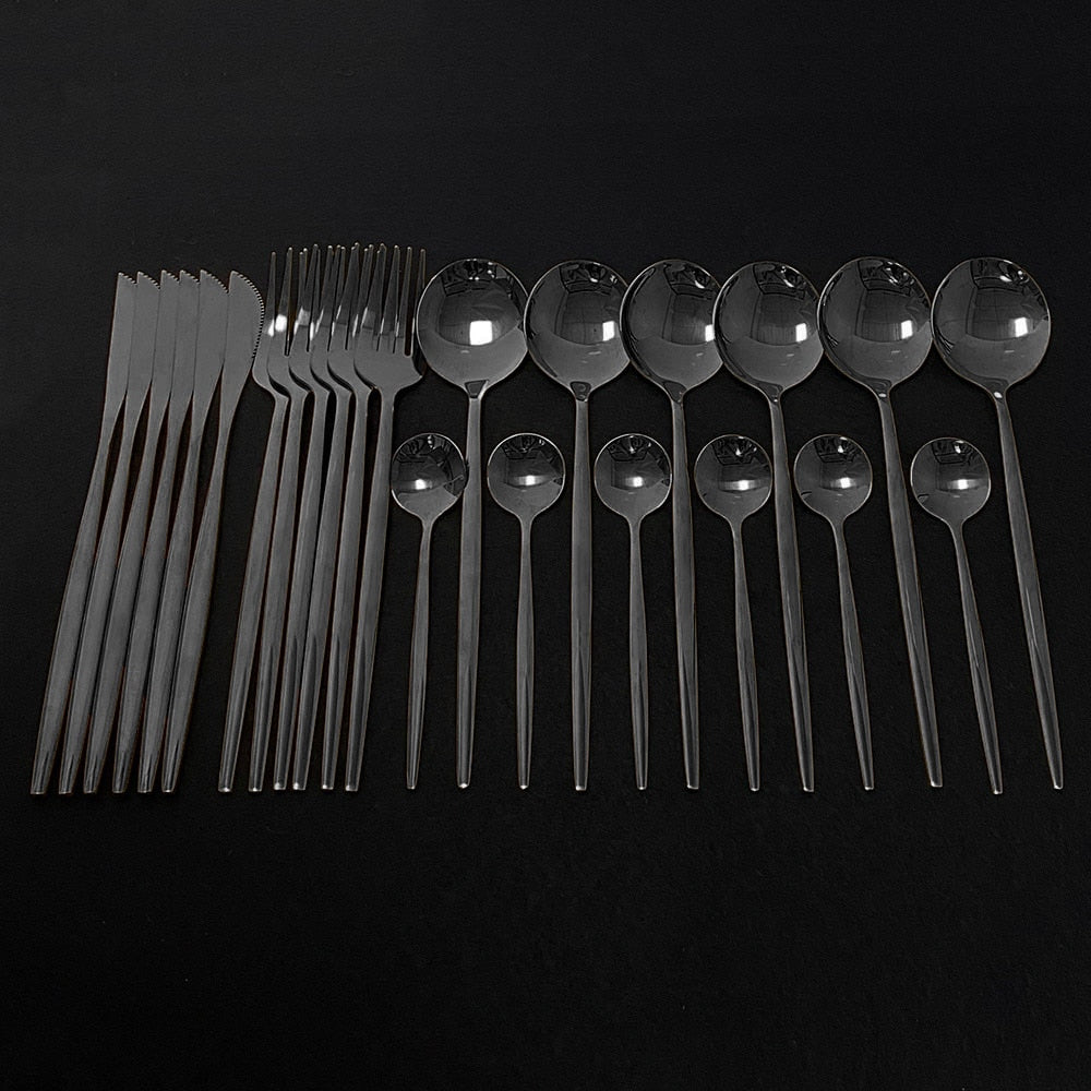 Modern Silverware 24 Piece Stainless Steel Black Flatware Set