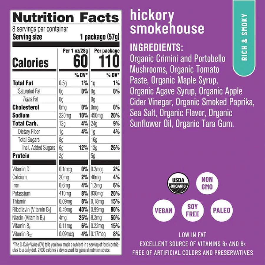 Eat The Change Rich And Smoky Hickory Smokehouse Mushroom Jerky Ingredients Organic Non-GMO Soy Free Paleo Vegan Jerky Low In Fat