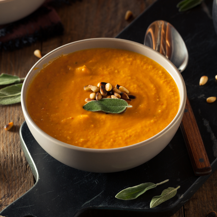 Homemade Carrot Ginger Soup Garnished With Sage Leaves Fall Food Recipe Using Freeze Dried Ginger Root From Terra Powders