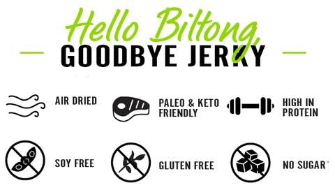 Hello Biltong Goodbye Jerky Air Dried Keto Friendly Kalahari Chili Lime Snack Food