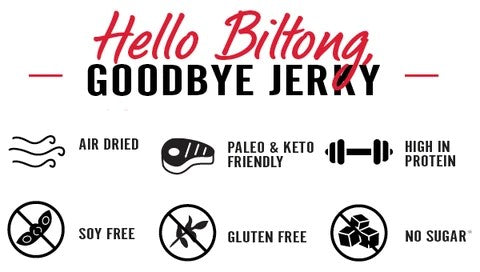 Hello Biltong Goodbye Jerky Air Dried Keto Friendly Kalahari Spicy Peri Peri Snack Food