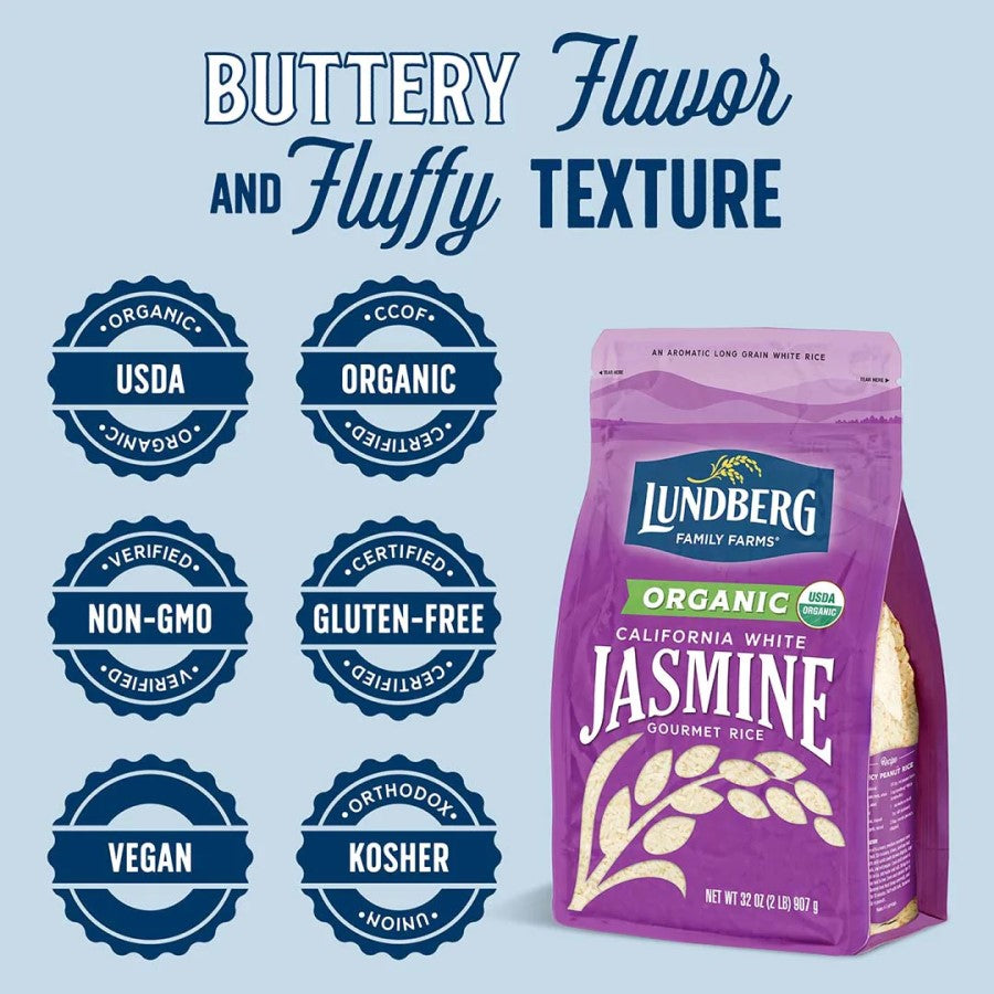 Buttery Flavor And Fluffy Texture Organic Non-GMO Gluten Free Vegan Lundberg Organic California White Jasmine Gourmet Rice