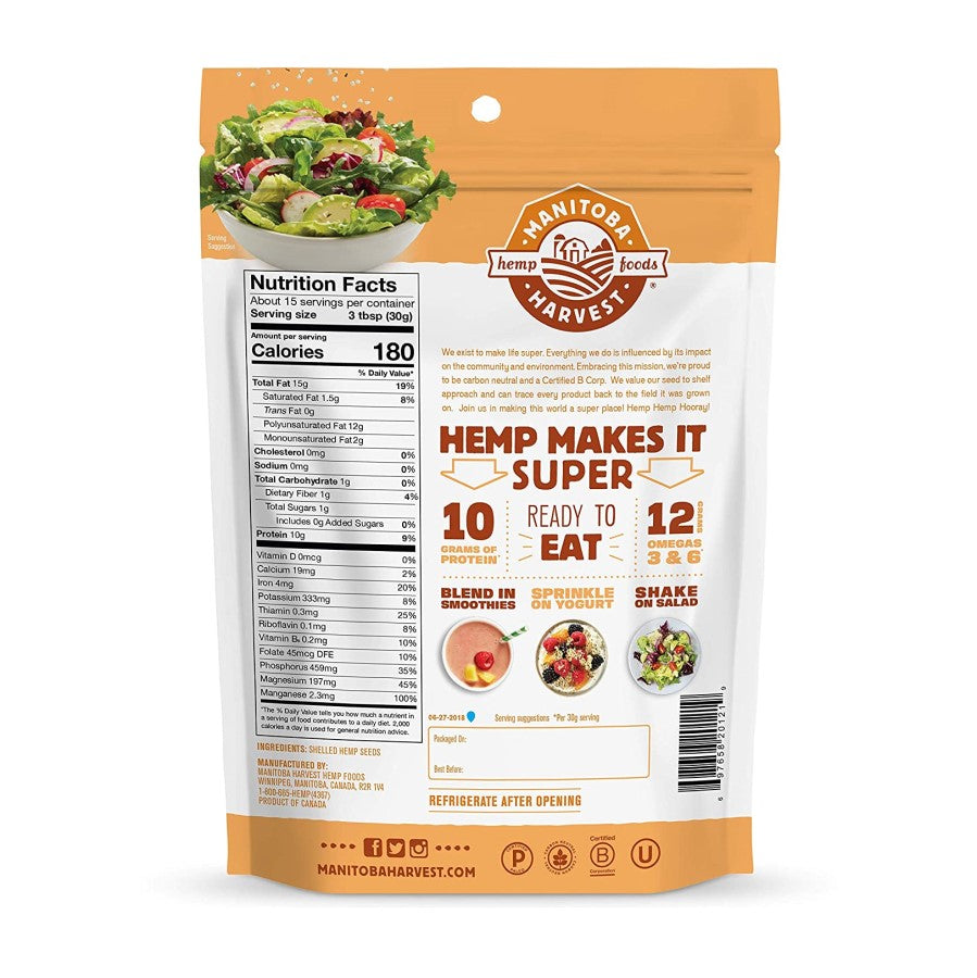 Manitoba Harvest Shelled Hemp Seeds 16oz Bag Hemp Hearts Single Ingredient Nutrition Facts