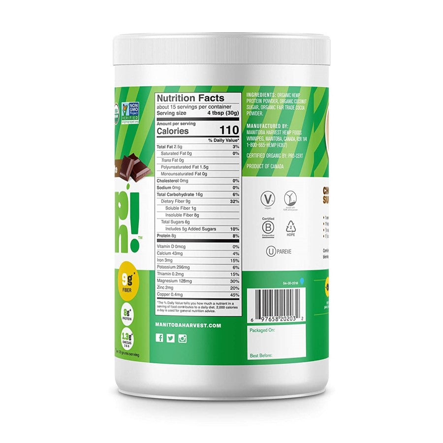 Manitoba Harvest Chocolate Organic Hemp Yeah Max Fiber Protein Powder 16oz Ingredients Nutrition Facts