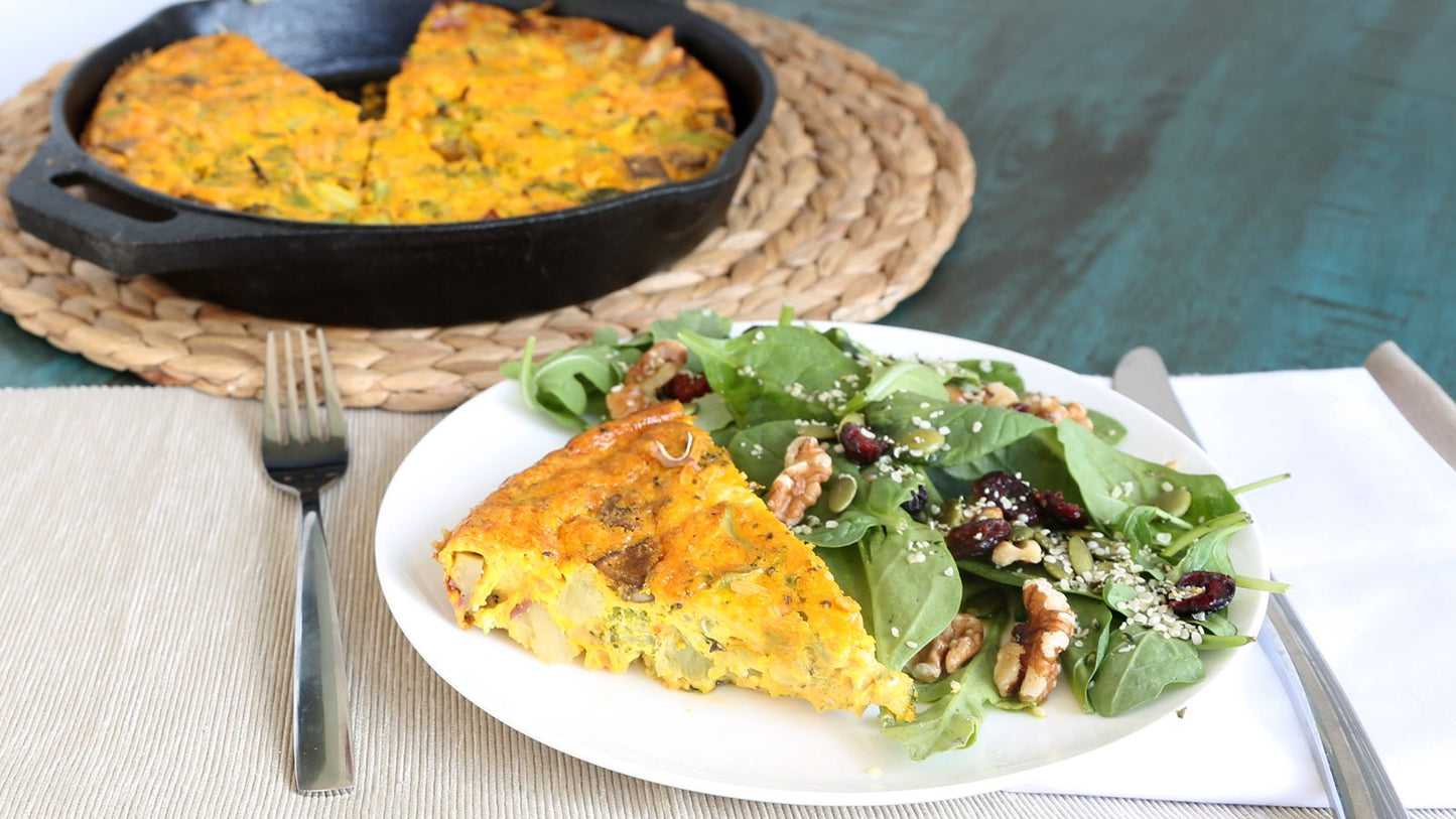 Manitoba Harvest Recipe Veggie Hemp Frittata Cooked In Cast Iron Skillet