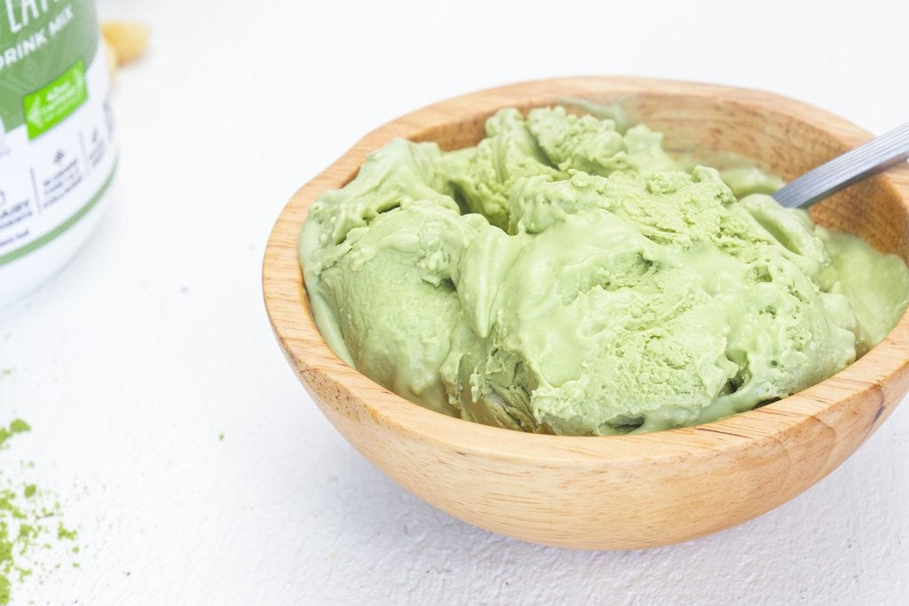 No Dairy Matcha Ice Cream In Wooden Bowl Made With Keto Collagen Latte Powder Recipe Primal Kitchen