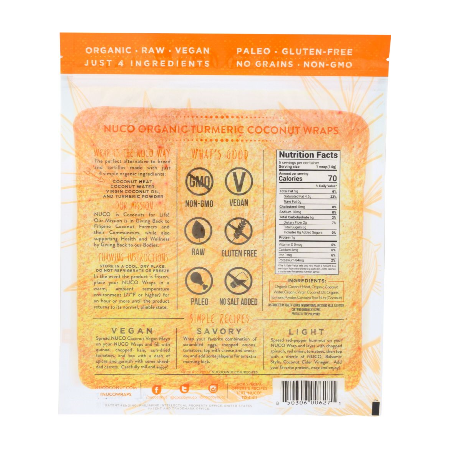 5 Turmeric Wraps In Pack NUCO Organic Coconut Wraps Raw Vegan Paleo Gluten Free Non-GMO Just 4 Ingredients