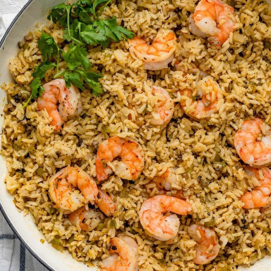 Lundberg One Pan Shrimp And Rice Recipe Using White Jasmine