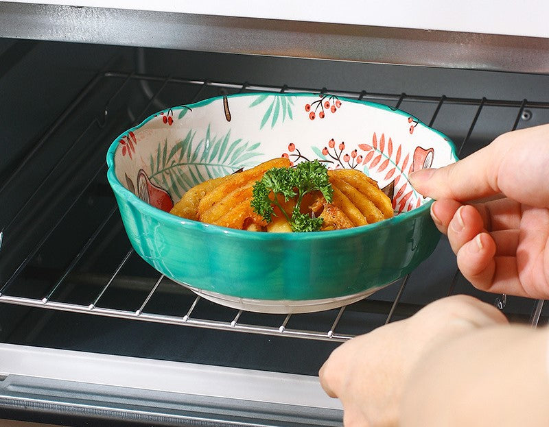 Oven Safe Bowl Ceramic Pottery Scalloped Bowls In Colorful Nordic Forest Friend Print Oven To Table Dishes