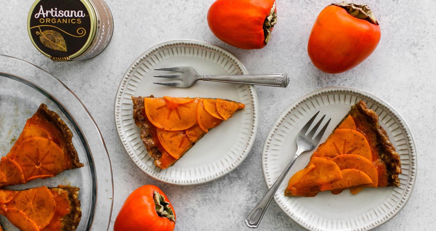 Raw Persimmon Tart With Date Walnut Crust Recipe Using Artisana Organics Walnut Cashew Butter