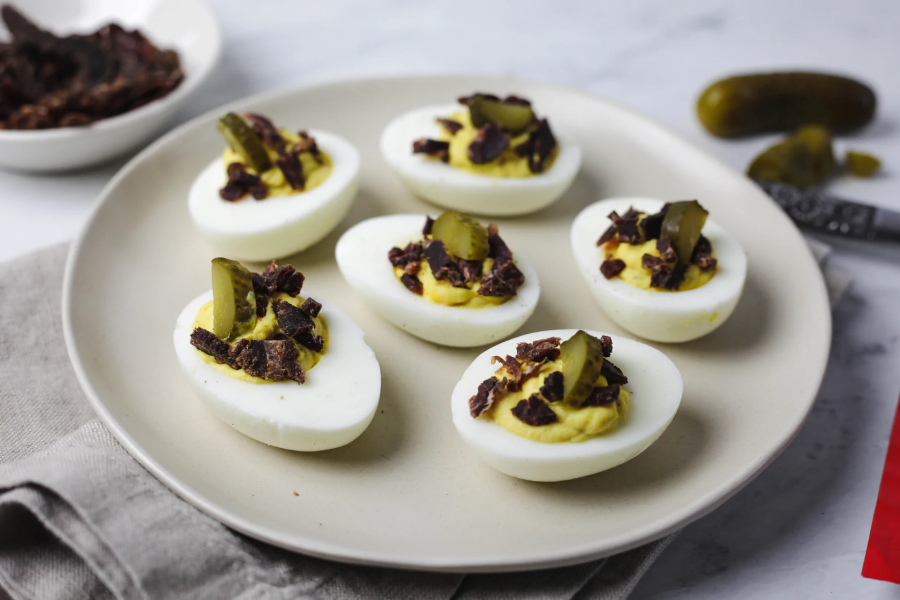 Brooklyn Biltong Deviled Eggs Recipe Using Beef Jerky Like Grass Fed Beef Biltong