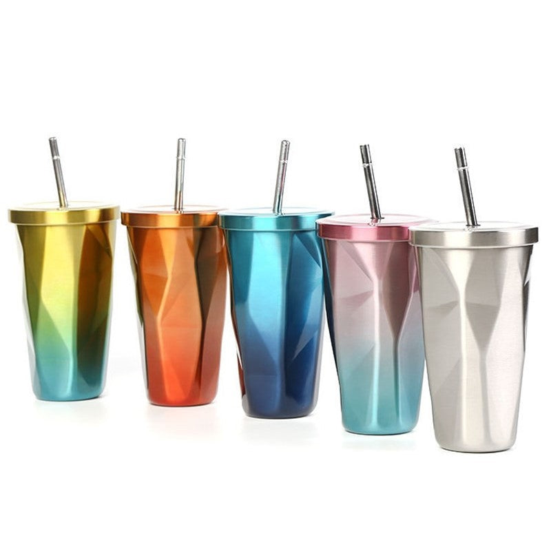 Stainless Steel Prismatic Tumbler With Straw