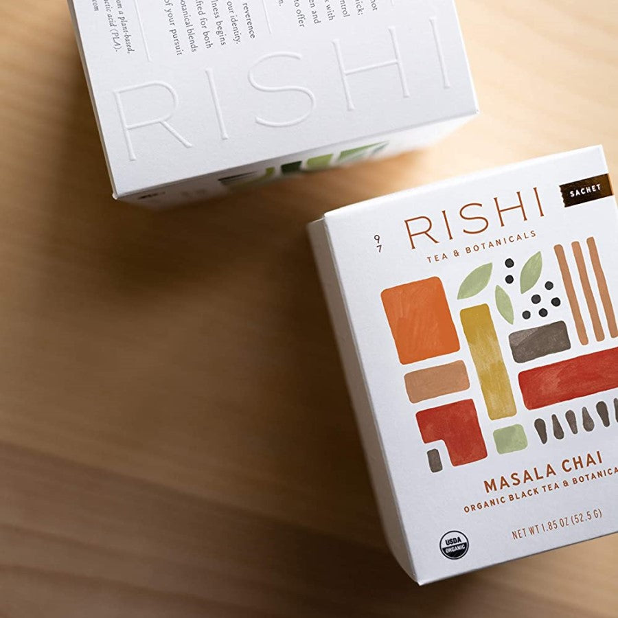 Rishi Tea and Botanicals Masala Chai is deep and warm organic black tea with rich spiced flavor