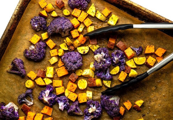 Colorful Roasted Vegetables On Baking Tray Primal Kitchen Greek Dressing Recipe For Roasted Veggie Bowl With Kale And Cabbage Slaw