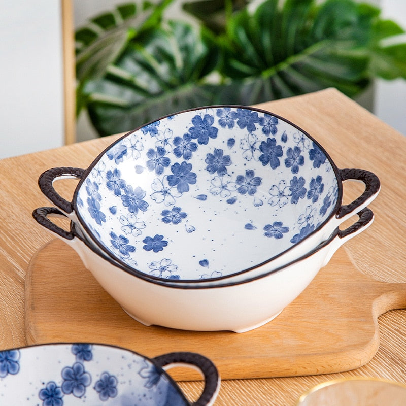 Beautiful Blue And White Flower Bowl With Handles Stackable Dishes Farmhouse New England Style