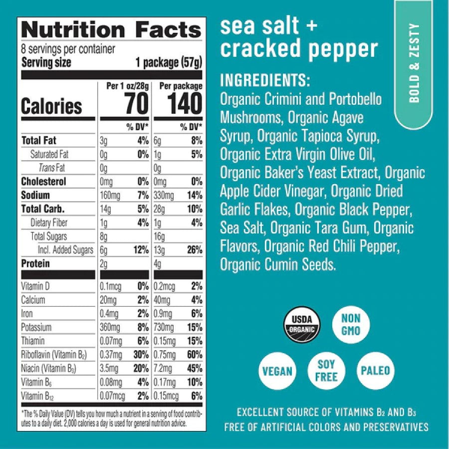 Eat The Change Bold And Zesty Sea Salt And Cracked Pepper Mushroom Jerky Ingredients Organic Non-GMO Soy Free Paleo Vegan Jerky Excellent Source Of B Vitamins