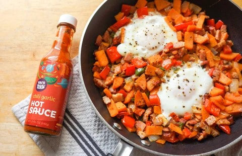 Sweet Potato Hash With Chili Garlic Hot Sauce Yais Thai