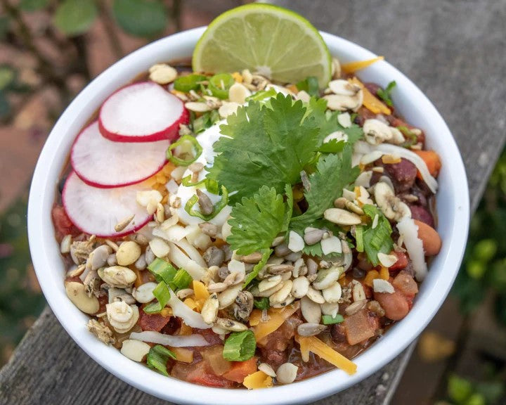 Three Bean Chili Topped With Go Raw Spicy Fiesta Seeds