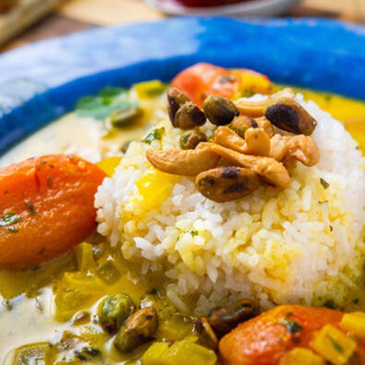 Tomato Curry In Saffron Coconut Sauce Recipe Made With Non-GMO Jasmine White Rice From Ralston Family Farm