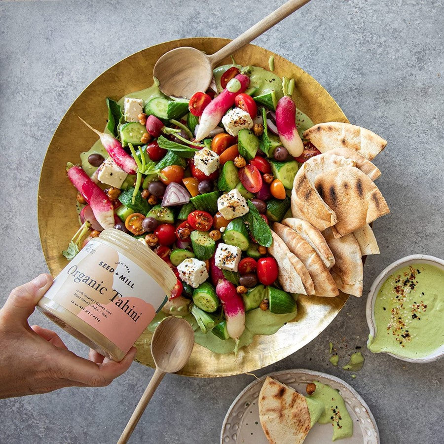 Topping Plant Based Fresh Veggie Meal And Pita Breads With Healthy Sesame Seed Tahini Seed And Mill Recipe