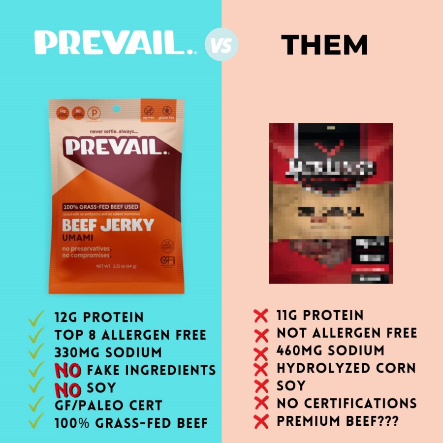 Healthy Allergen Friendly Clean Ingredient Prevail Umami Teriyaki Like Beef Jerky VS Other Brand