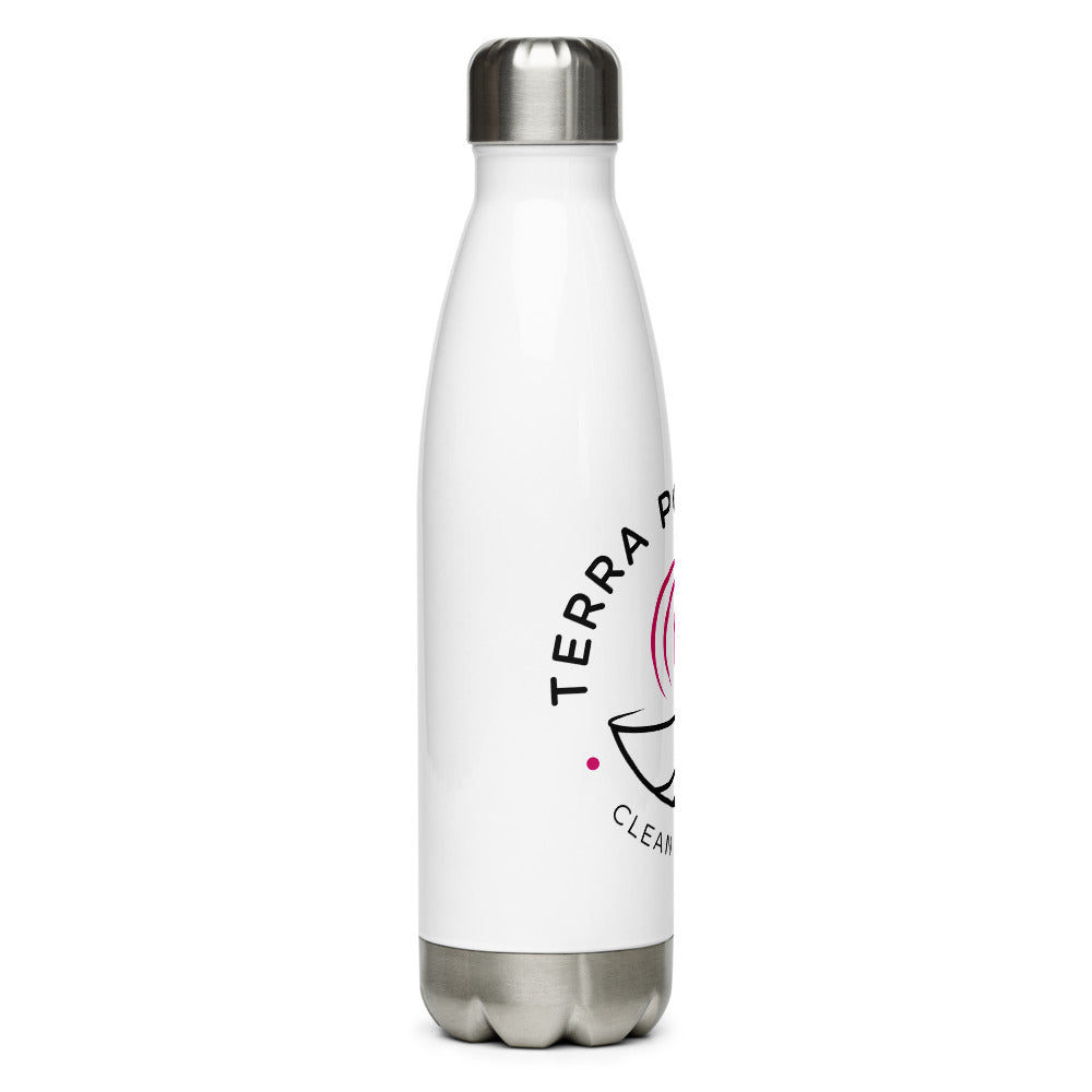 Left Side View Of Terra Powders Stainless Steel Bottle With Leak Proof Lid